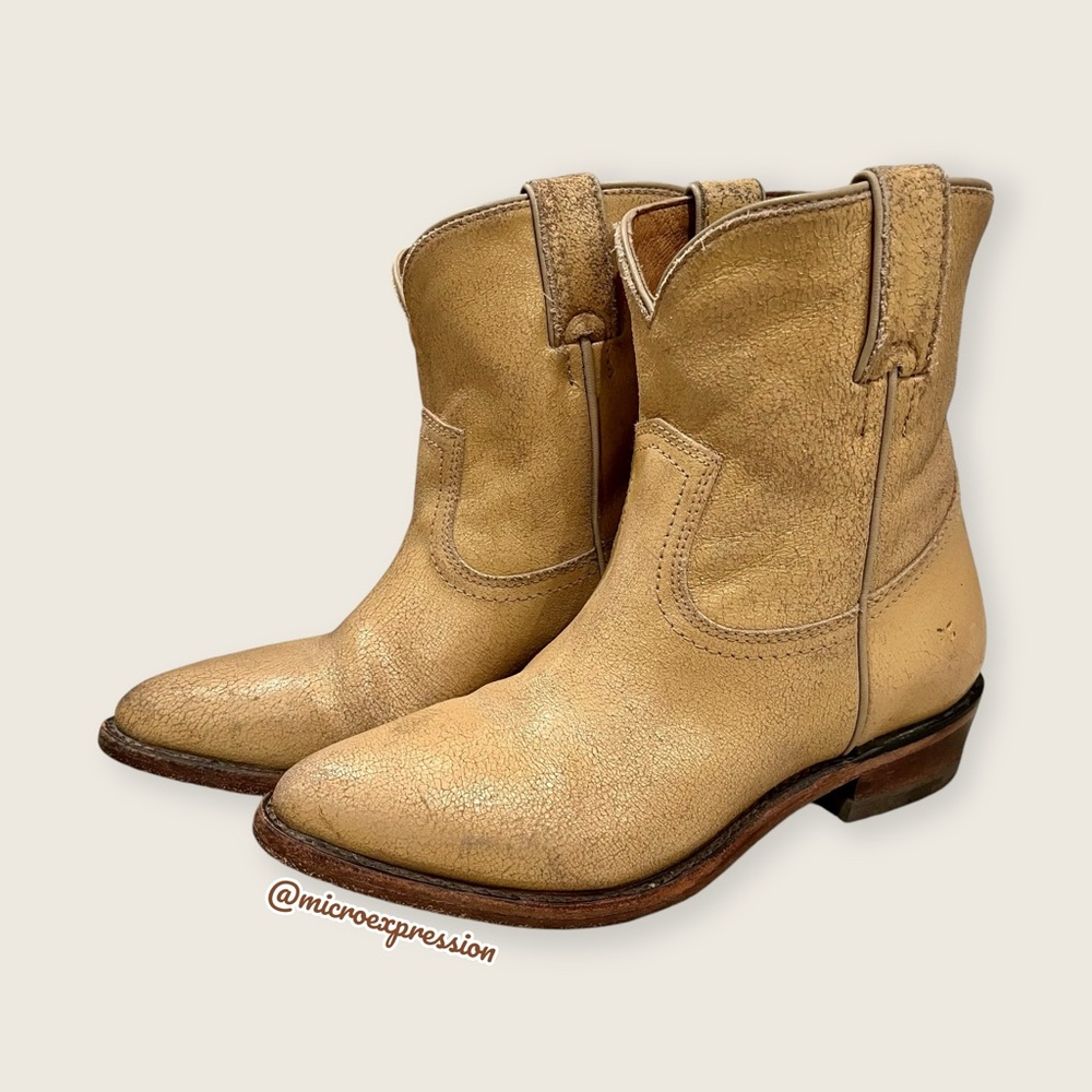$379 Frye Billy Pull On Sunflower Tan/Beige Crackled Leather Cowboy Short Boot - Picture 11 of 16